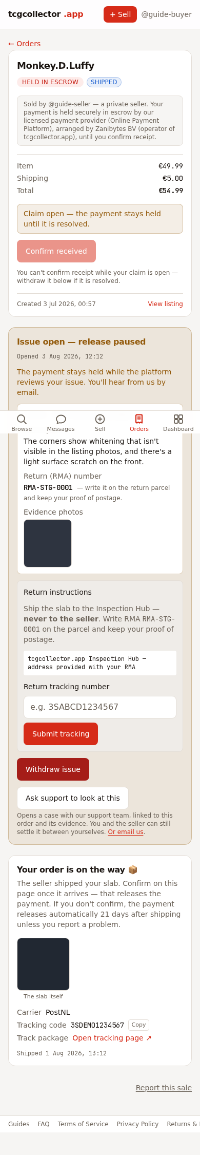 All good? Confirm. A problem? Open a claim — mobile