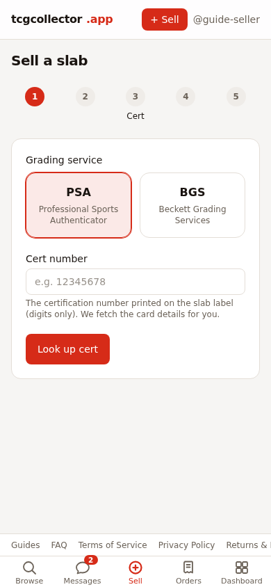 Start a listing from the cert number — mobile